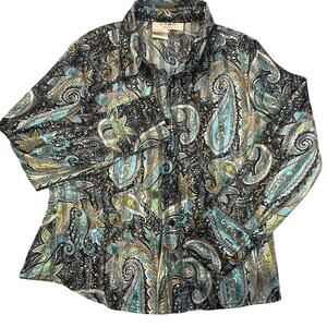 Como Paisley Blouse Metallic Shimmer Semi Sheer Button Up Teal